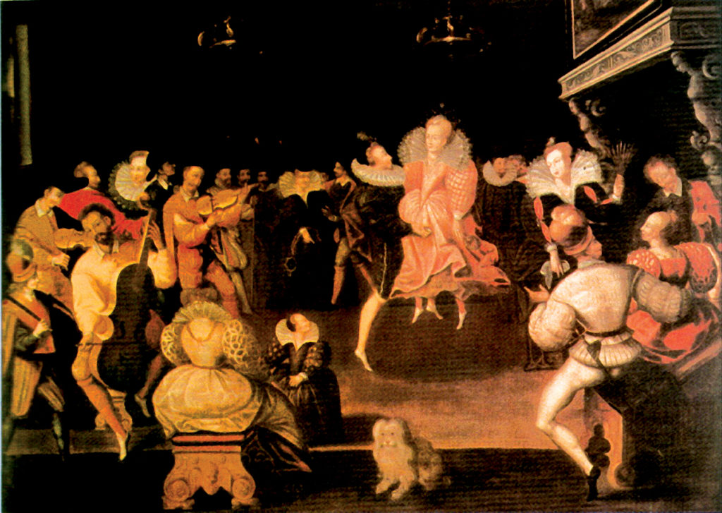 Elżbieta I tańczy voltę z Robertem Dudleyem. © Wikimedia Commons.