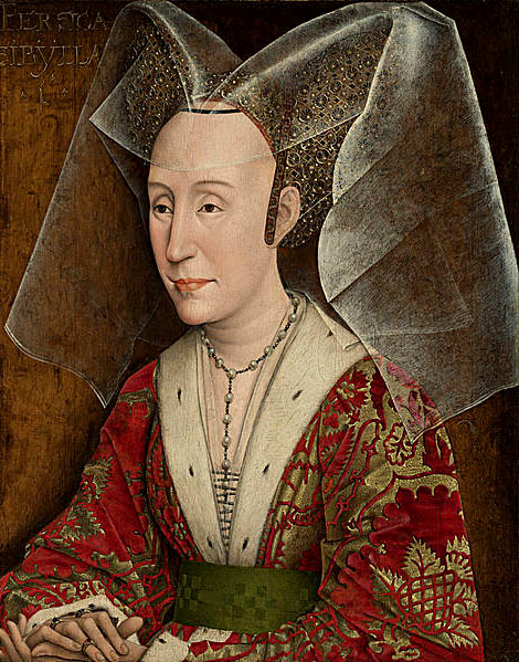 Hennin – kobiece nakrycie głowy (tu ukazane na portrecie Izabeli Portugalskiej), które wzbudziło tak wielkie zdziwienie angielskich poddanych, gdy zaprezentowała się w nim królowa Anna. © Wikimedia Commons, domena publiczna.
