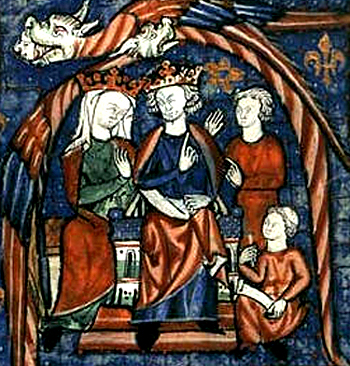 Ukazani na miniaturze rodzice Jana bez Ziemi – Eleonora Akwitańska i Henryk II. © Wikimedia Commons. 