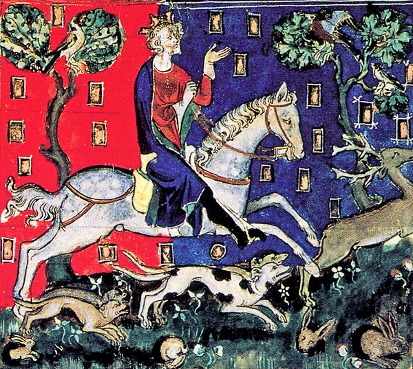 Iluminowany manuskrypt ukazujący Jana bez Ziemi podczas polowania. © Wikimedia Commons. 