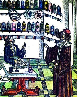 Doktor i farmaceuta ukazani na starej rycinie. © Wikimedia Commons, domena publiczna. 