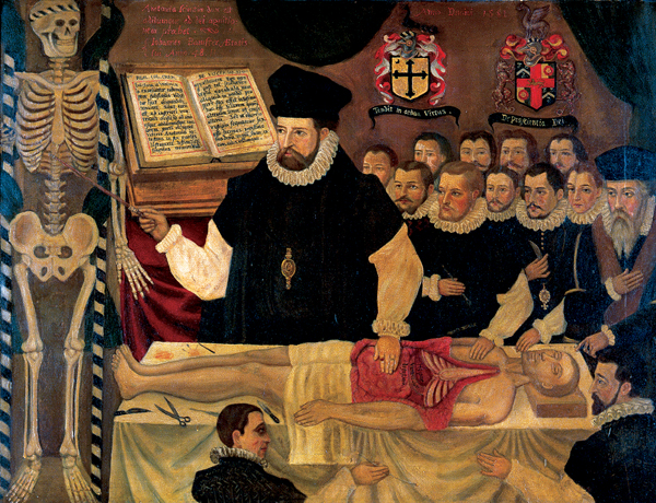 John Banister (anatom) udziela wykładu na temat ludzkiego ciała, 1581. © Wikimedia Commons, domena publiczna. 