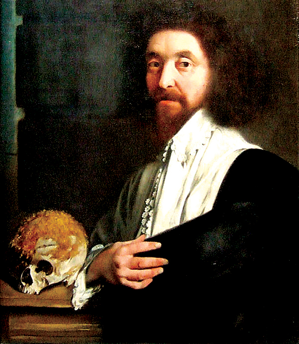 Portret Johna Tradescanta młodszego, ukazanego z czaszką pokrytą mchem. © Wikimedia Commons, domena publiczna. 